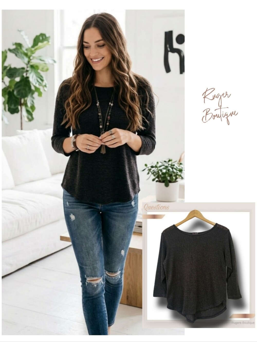 🌿Questions Women's Medium Black 3/4 Sleeves Top with Back Reverse Buttons-CUTE!